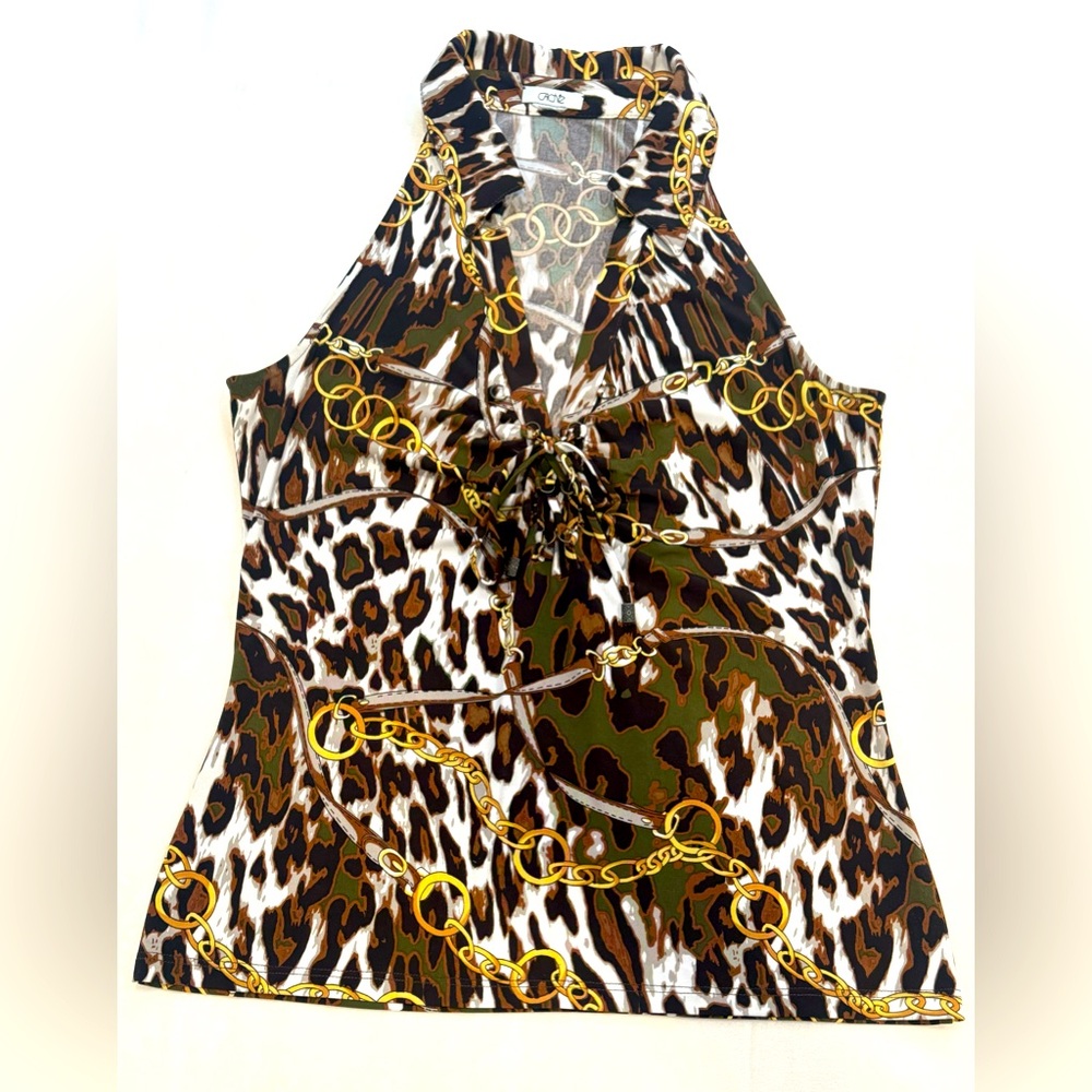Vintage Y2K Caché Leopard & Gold Chain Lace-Up Halter Top Medium